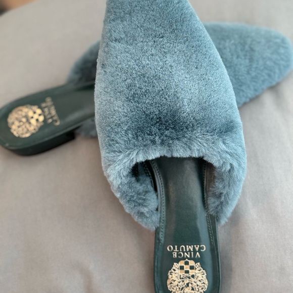 Vince Camuto Blue/Gray Cozy Mules with Faux Fur - Picture 2 of 3